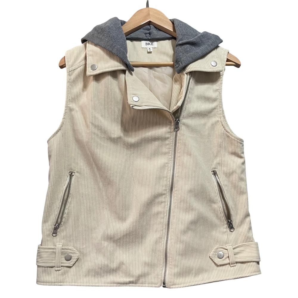 BKE Corduroy Moto Vest Women M Cream Gray Hooded Asymmetric Zip Biker Gorpcore